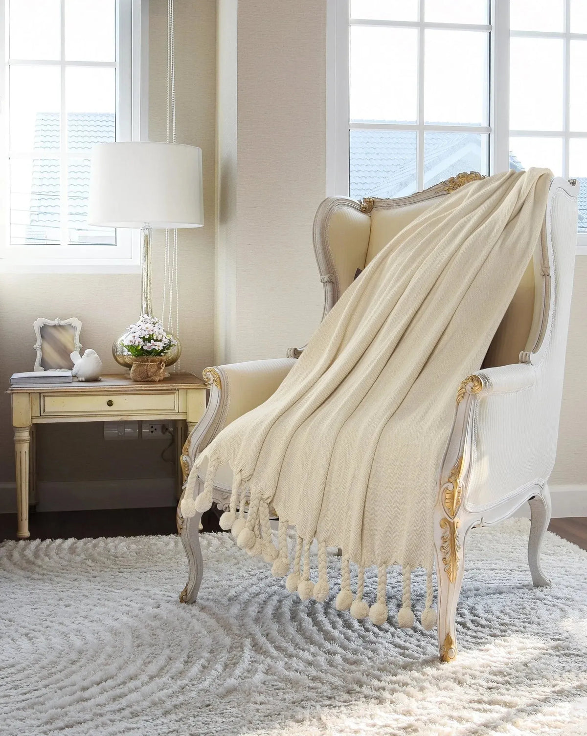 Cream Embroidered Chevron with Braided Fringe LR80181 Throw Blanket