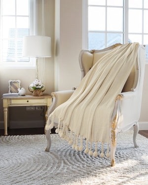 Cream Embroidered Chevron with Braided Fringe LR80181 Throw Blanket - Rug & Home