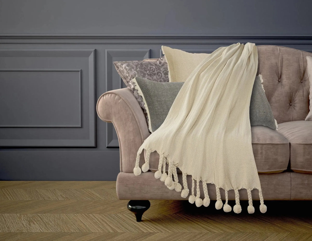 Cream Embroidered Chevron with Braided Fringe LR80181 Throw Blanket