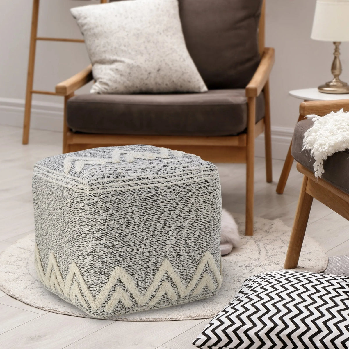 Flat Weave Lr34021 Gray/White Pouf - Rug & Home