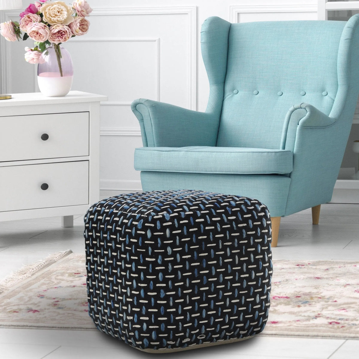 Flat Weave Lr34022 Black/Blue Pouf - Rug & Home