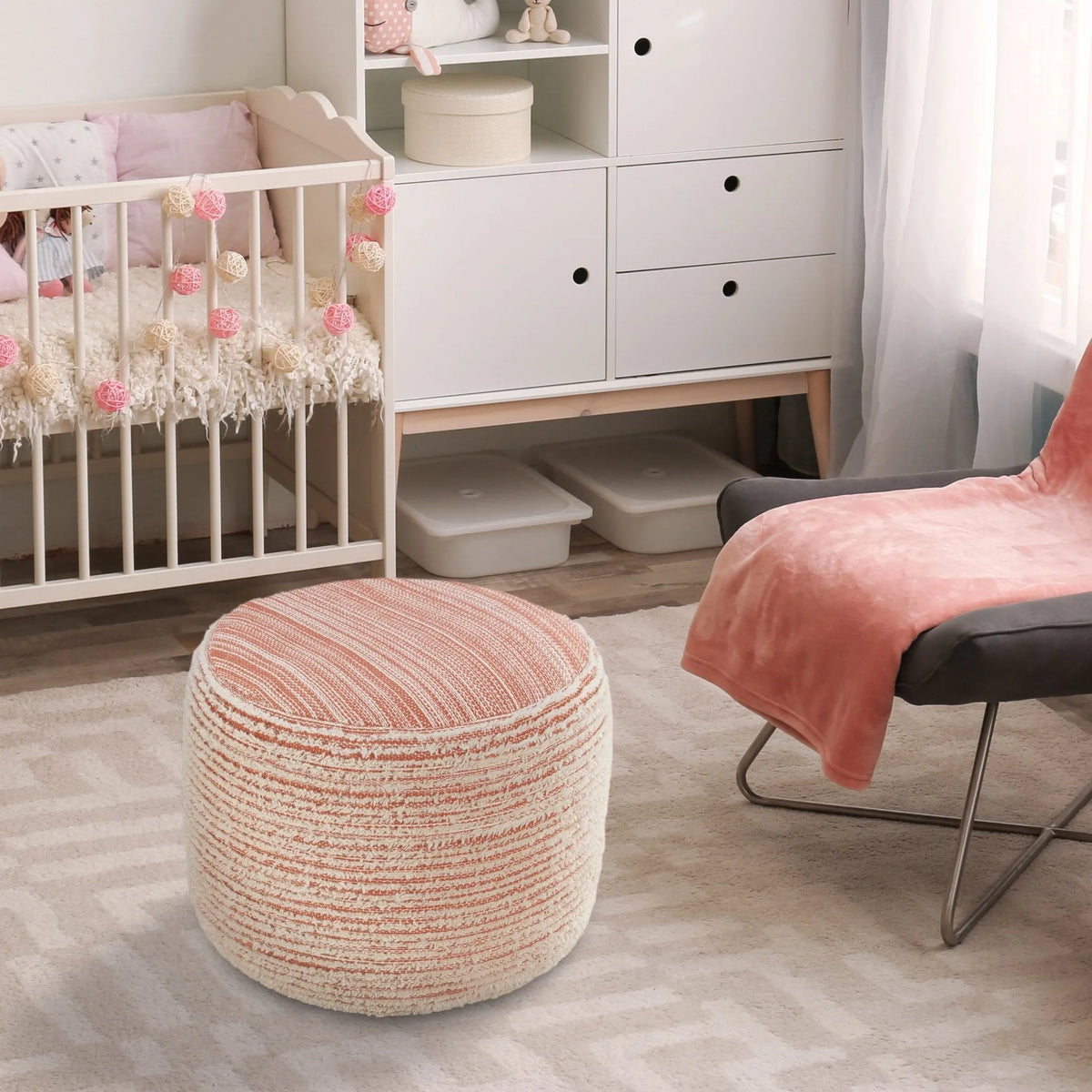 Flat Weave Lr34025 Coral/White Pouf - Rug & Home