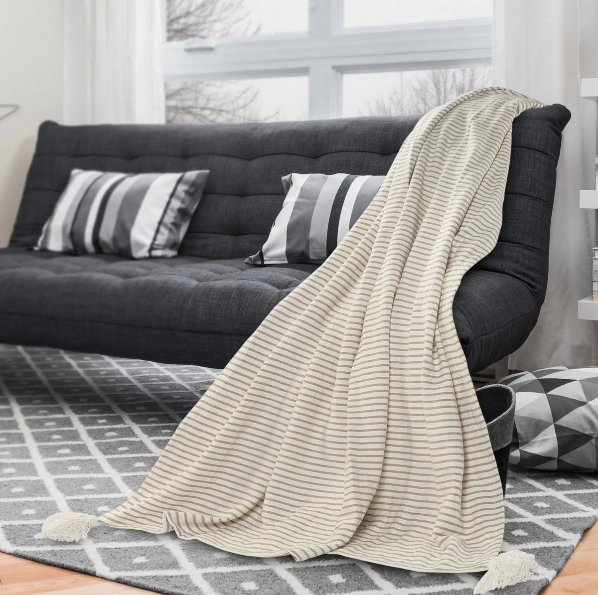 Gray and Ivory Striped Tasseled LR80178 Throw Blanket