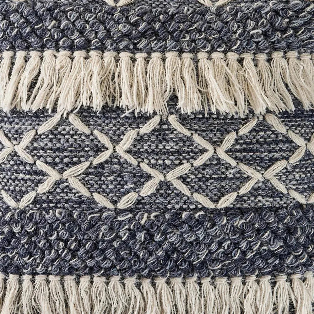 Navy and Ivory Textured with Fringe  LR07457 Throw Pillow