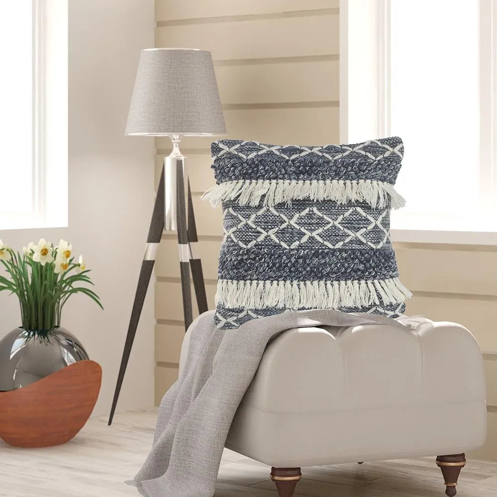 Navy and Ivory Textured with Fringe  LR07457 Throw Pillow - Rug & Home