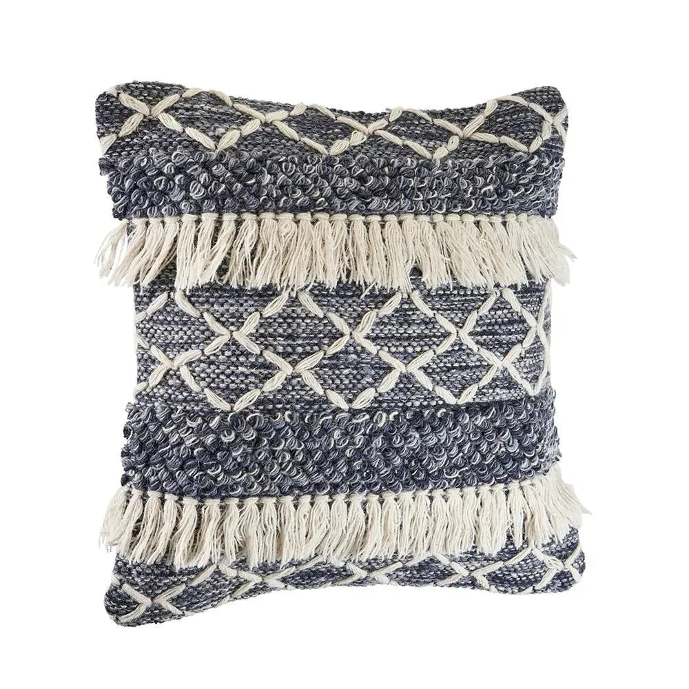 Navy and Ivory Textured with Fringe  LR07457 Throw Pillow