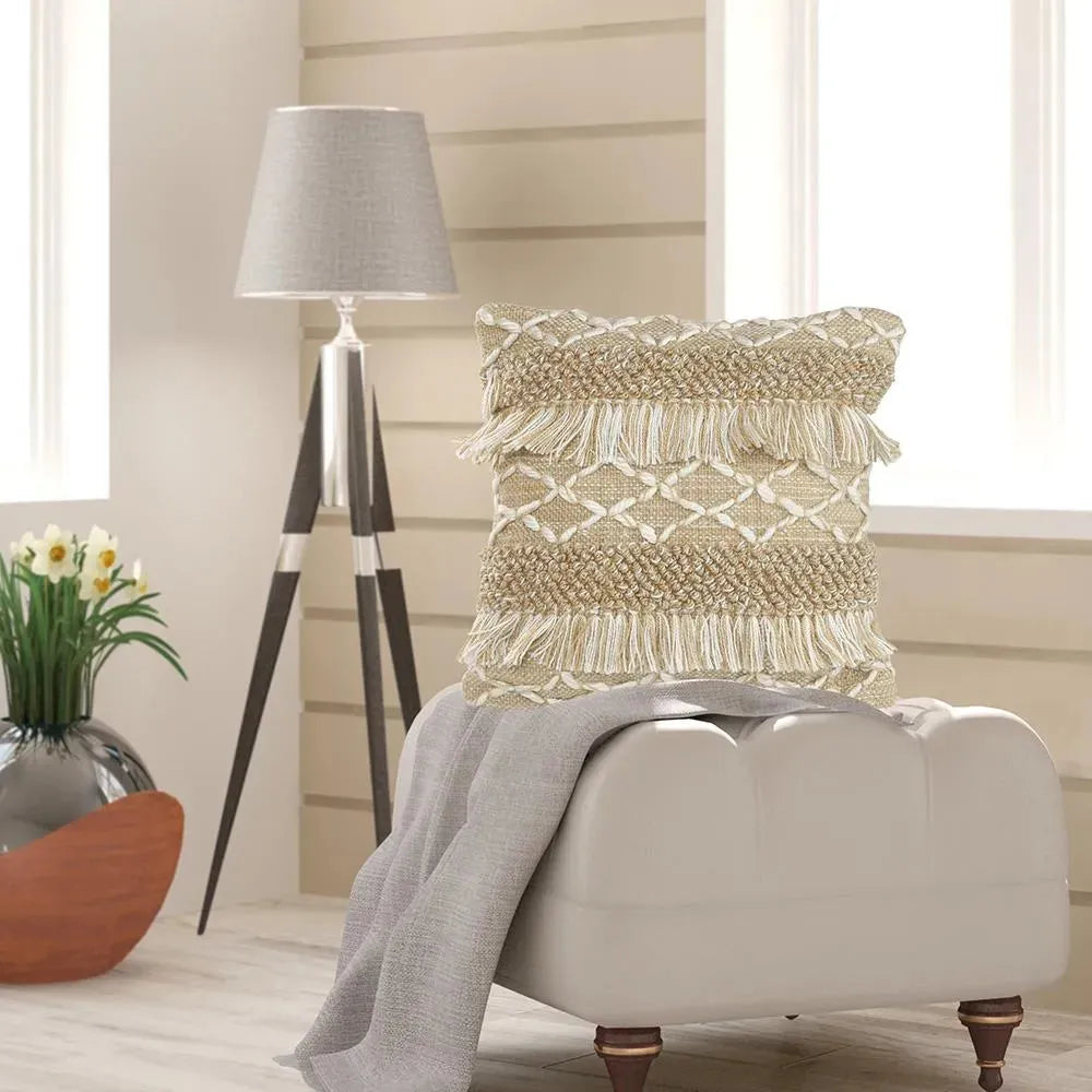 Neutral Fringe Geometric LR07452 Throw Pillow