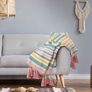 Pink, Blue, and Sunny Striped with Tassels LR80182 Throw Blanket 