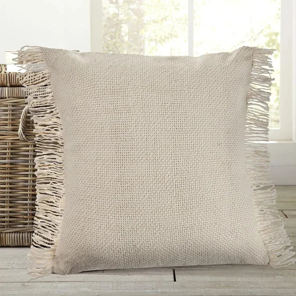 Solid Ivory Woven with Fringe LR07519 Throw Pillow
