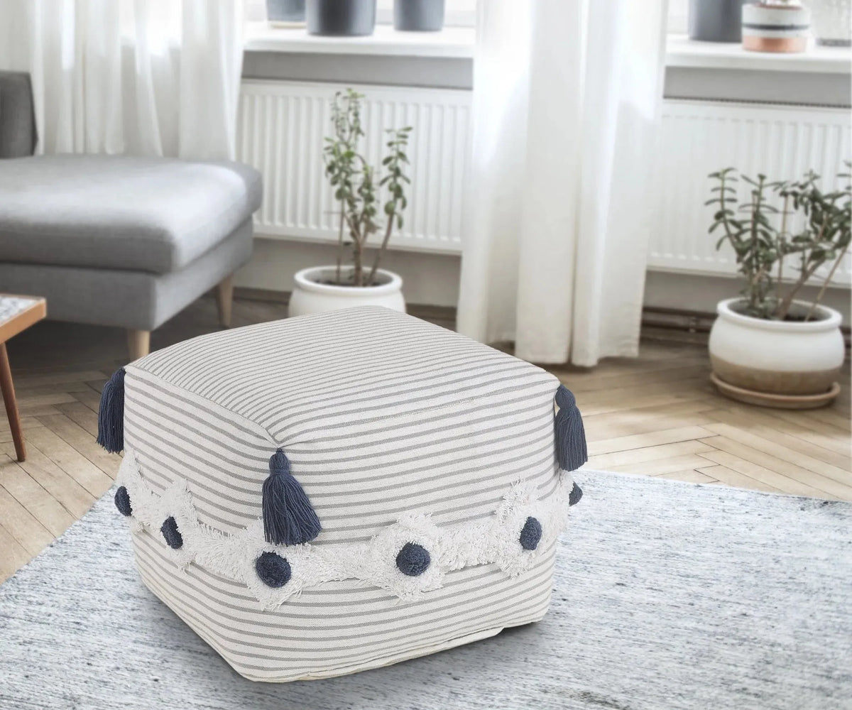 Striped Gray and Ivory Tufted  LR99769 Pouf