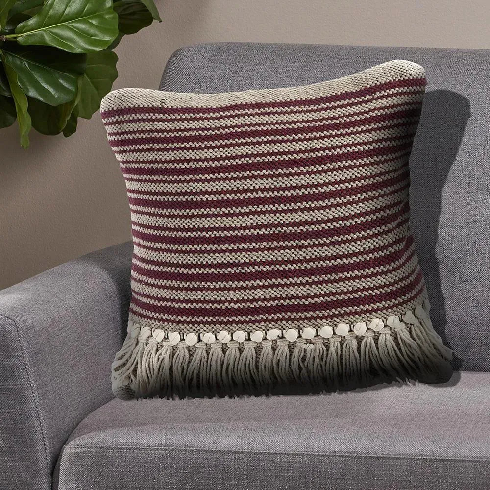 Striped Maroon Fringed LR07316 Throw Pillow