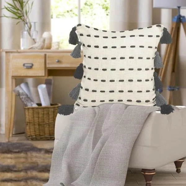 Tasseled Black and Cream Modern  LR07463 Throw Pillow - Rug & Home