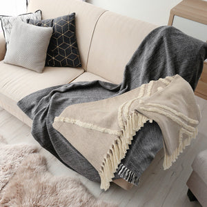 Tufted Geometric Beige and Cream with Fringe LR8018 Throw Blanket - Rug & Home
