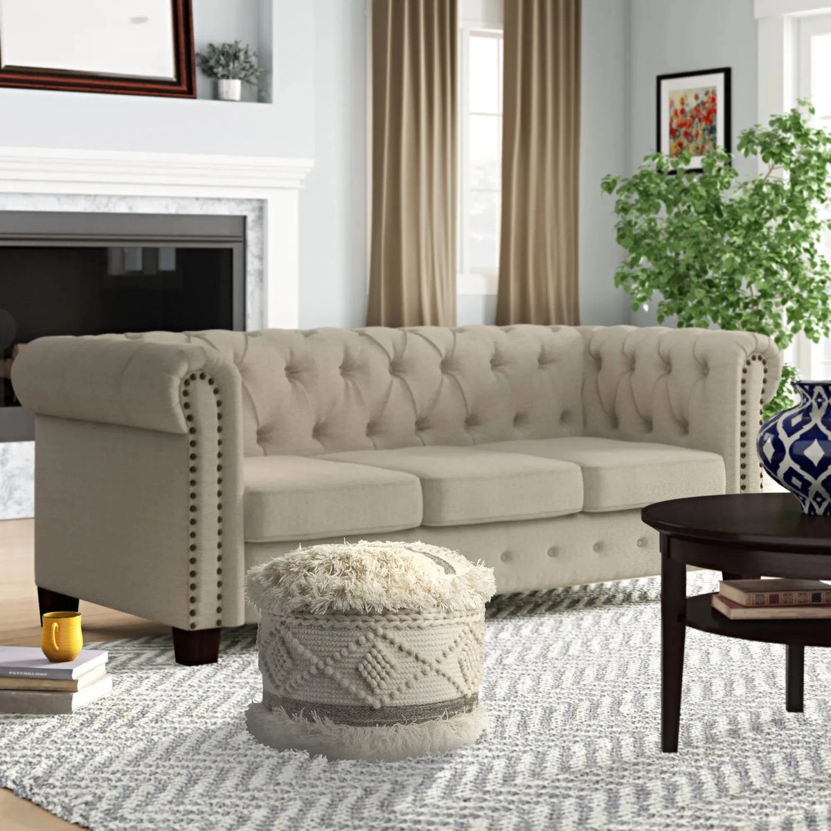 Tufted Off-White and Gray Scandinavian LR99758 Pouf