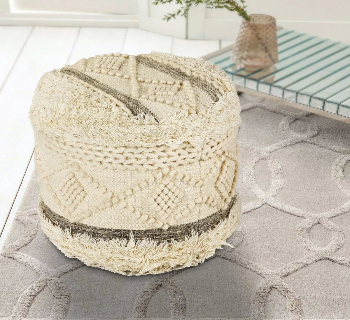 Tufted Off-White and Gray Scandinavian LR99758 Pouf